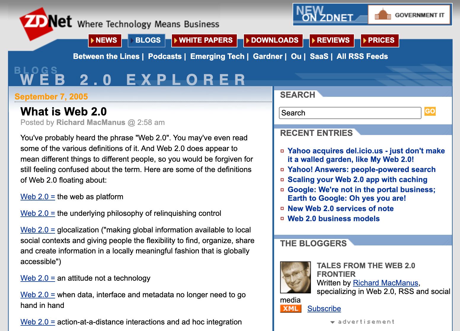 My ZDNet blog, Web 2.0 Explorer, soon after I’d started it.