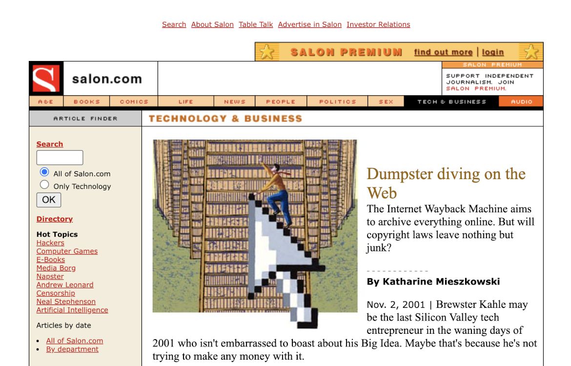 Salon article about Internet Archive, November 2001
