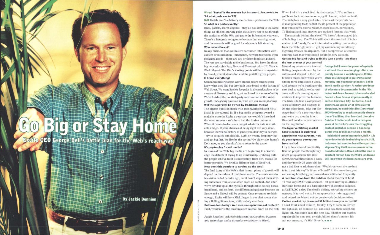 Two-page spread of Excite story in Wired Magazine, September 1998