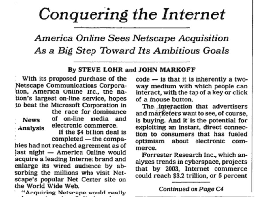 Screenshot of New York Times front-page story about the Netscape acquisition