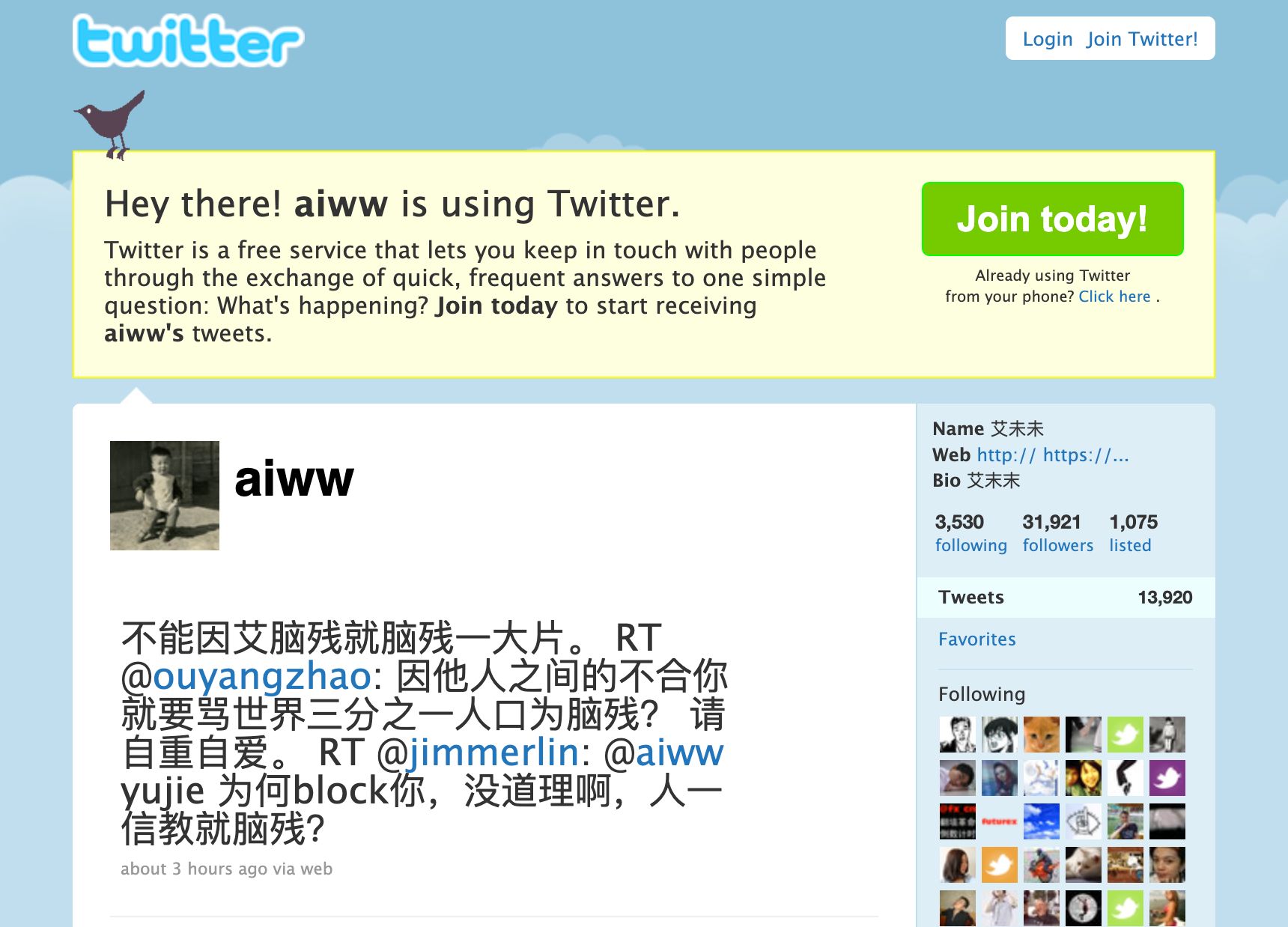 Ai Weiwei's Twitter account, April 2010